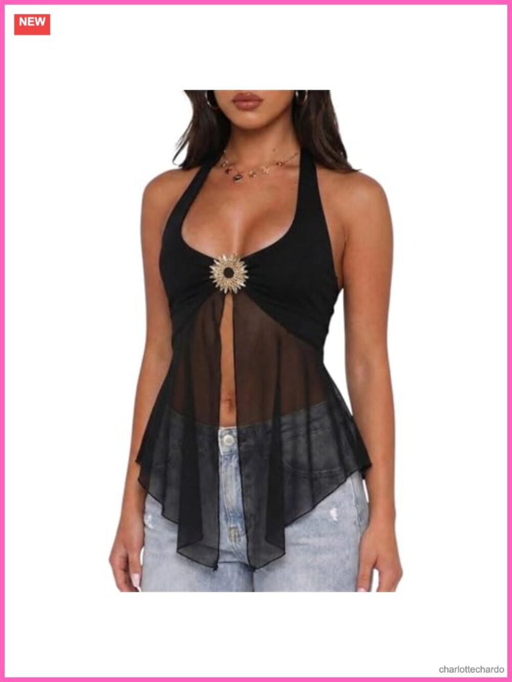 Sheer Mesh Flowy Halter Top Sleeveless Plunge Y2K Night Out